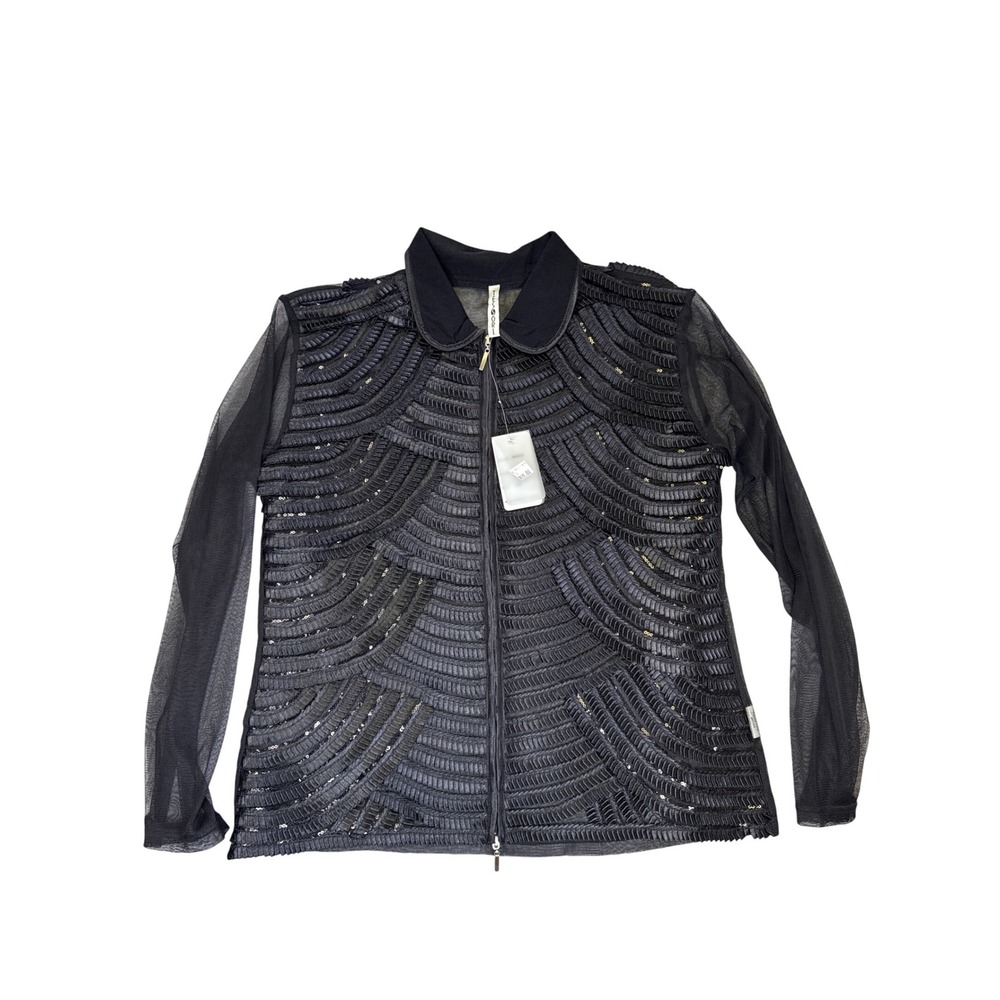 Tessori Black Mesh Scallop Sequin Zip Front Jacket W8443LCVL Womens M/L‎ NEW
